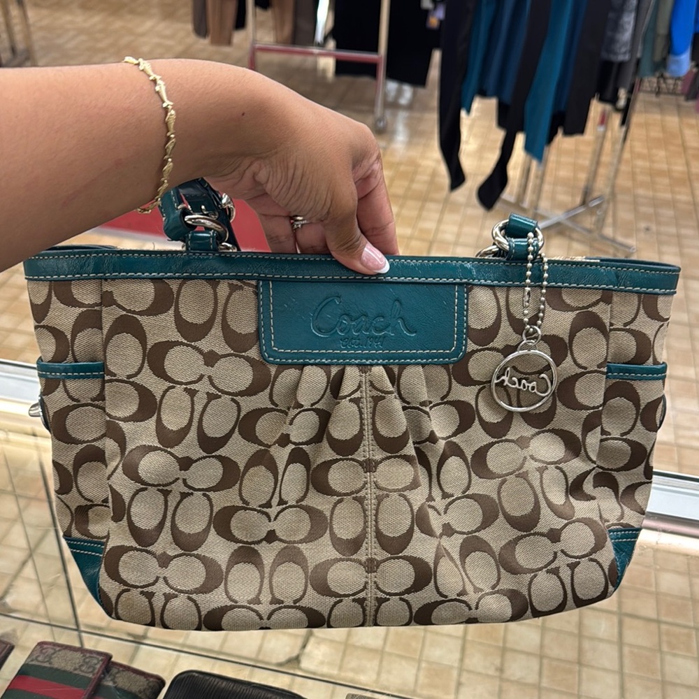 Coach Brown and Blue Shoulder Bag with Signature Monogram